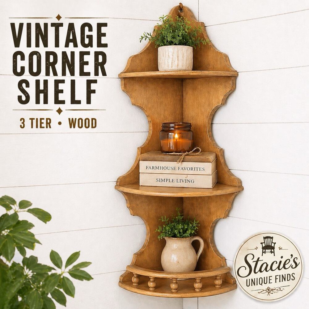 Vintage Wooden Corner Shelf 3 Tier Wall Shelf Spindle Trim Rustic Display